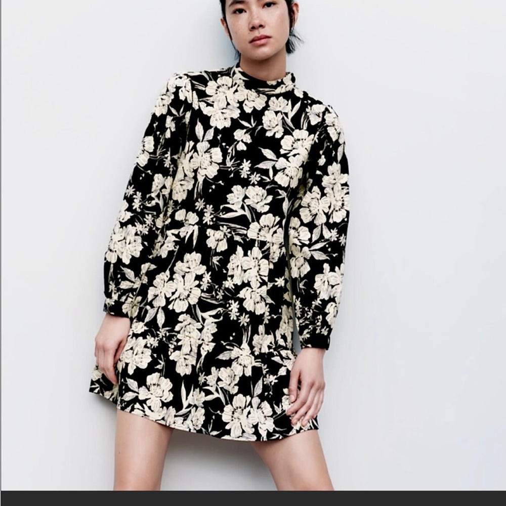 Zara High Neck Floral Black and White Mini Dress size SMALL